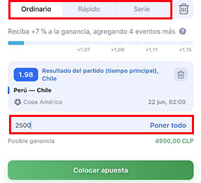 Seleccione el tipo de apuesta e introduzca el importe