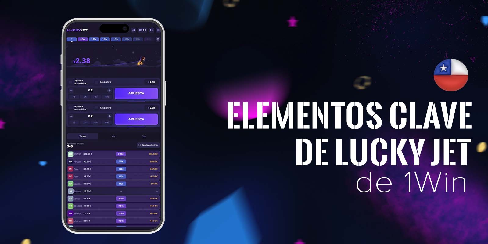 Interfaz de Lucky Jet en 1Win con panel de control y multiplicadores.