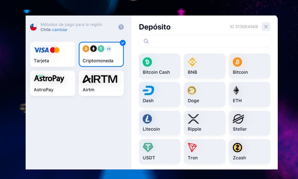 Pantalla para realizar un depósito en la cuenta de 1Win