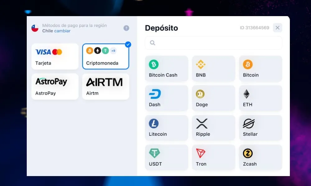 Pantalla para realizar un depósito en la cuenta de 1Win
