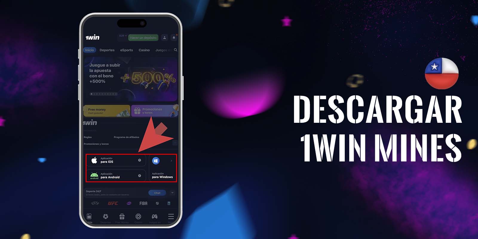 Pantalla de descarga de la app 1Win