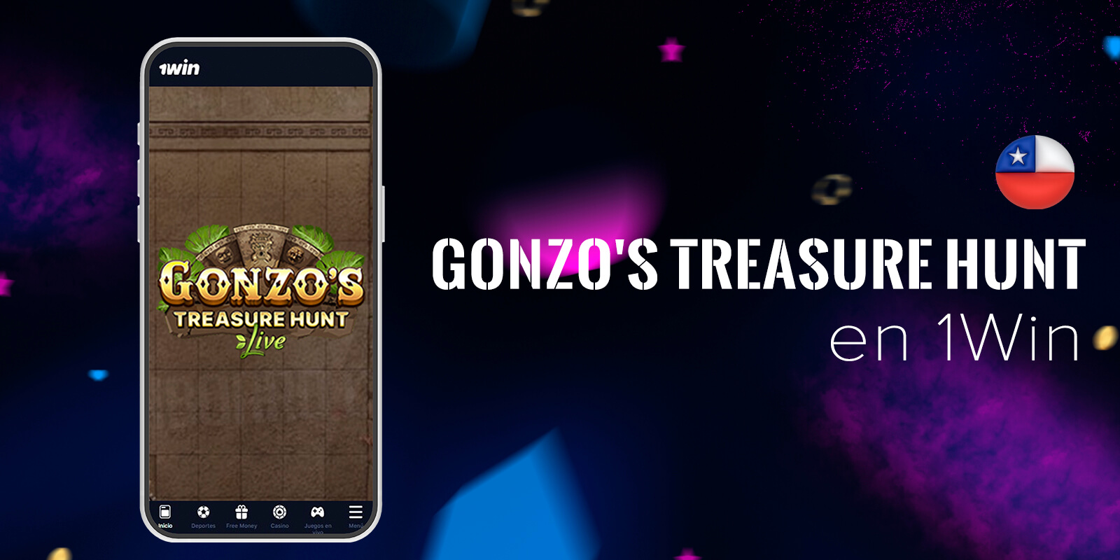 Gonzo's Treasure Hunt, juego de búsqueda de tesoros con piedras de colores y multiplicadores de pago aleatorios.
