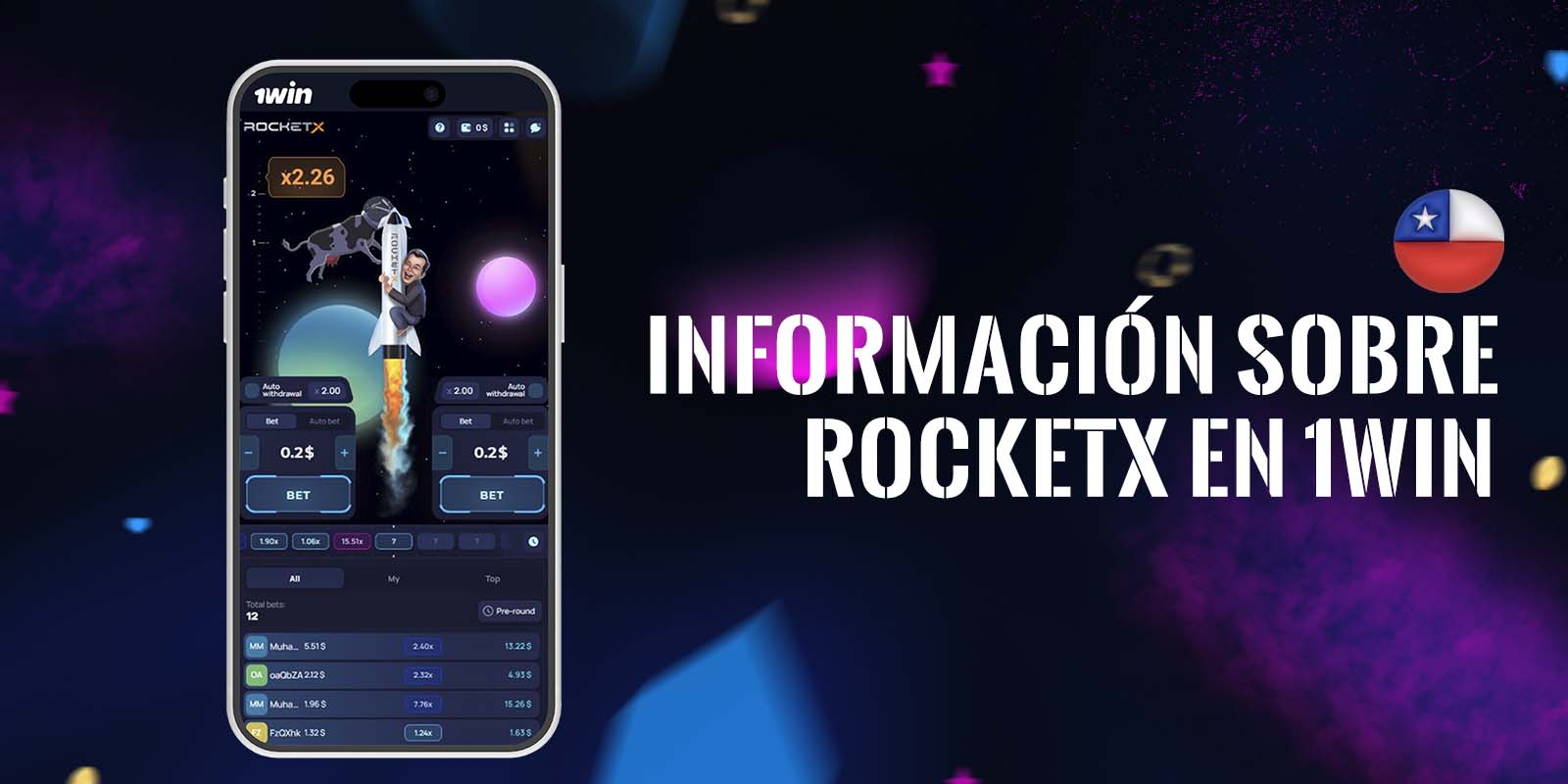 Interfaz del juego Rocket X con apuestas activas