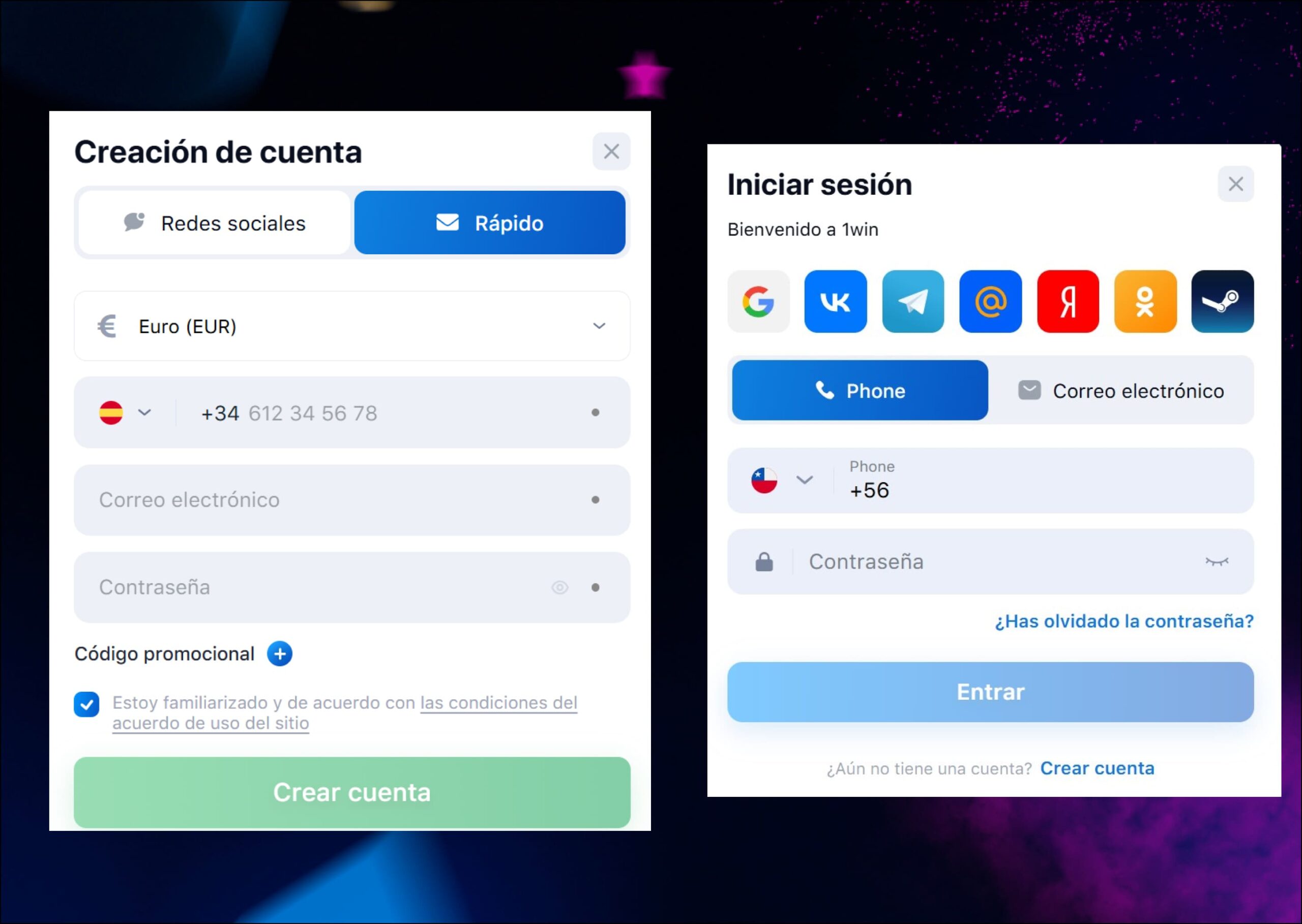 Pantalla de registro e inicio de sesión en 1Win.