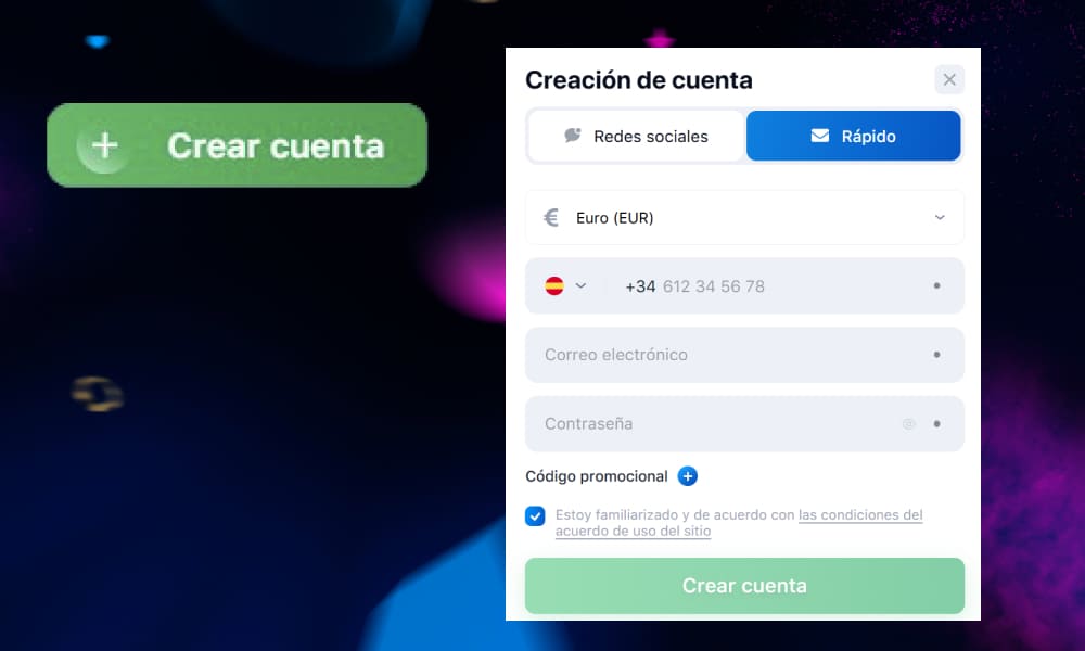 Pantalla de registro en la plataforma 1Win para crear un perfil.