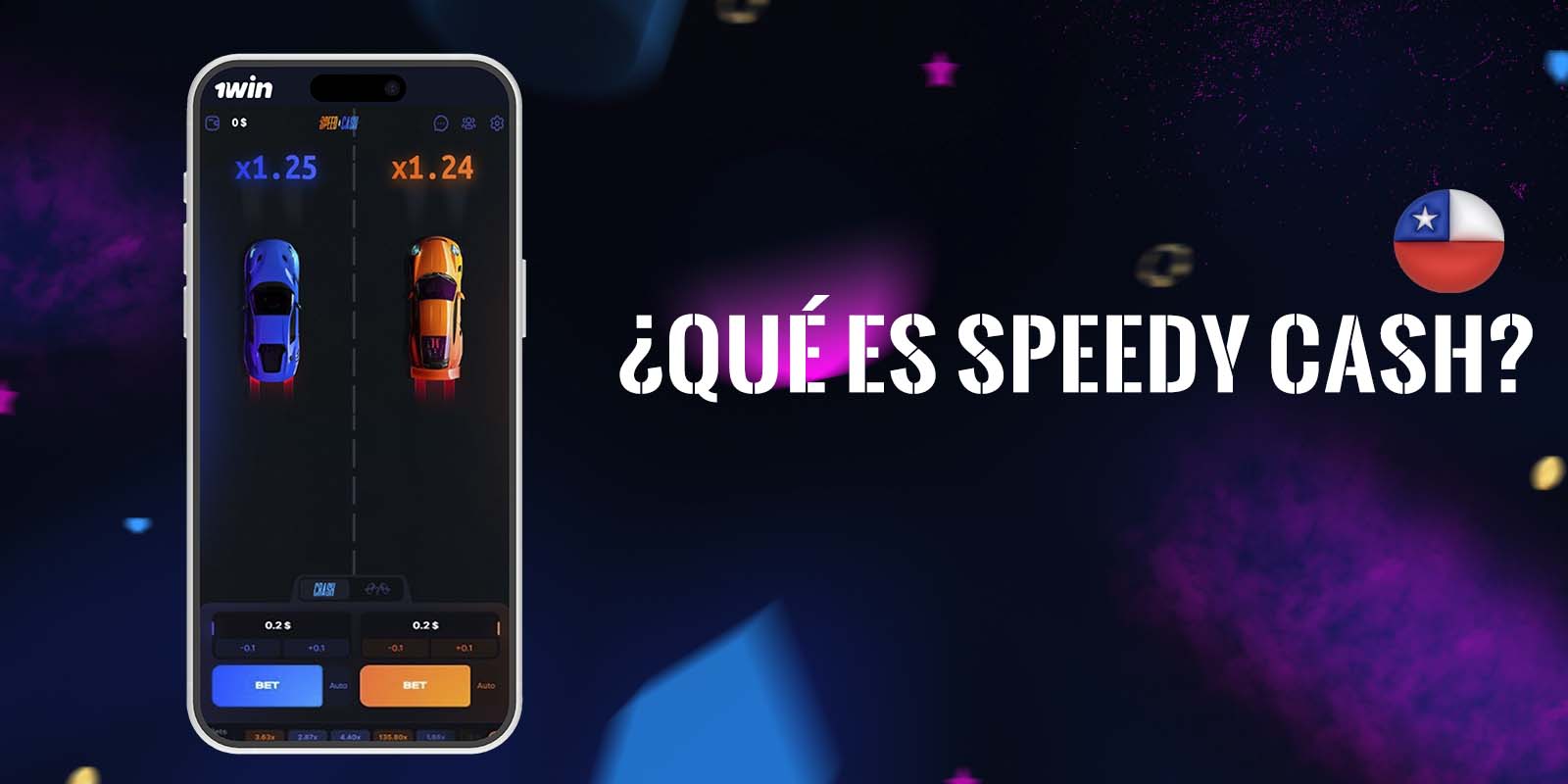 Pantalla de juego Speedy Cash con coches azul y naranja.